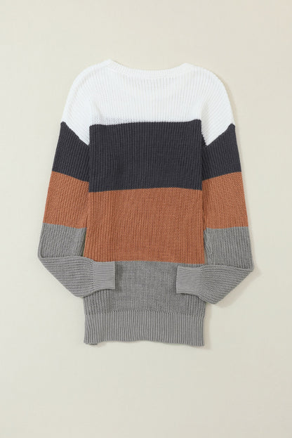 Chestnut Color Block Knitted O-neck Pullover Sweater