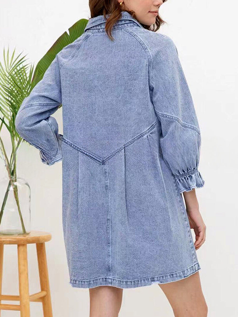 Mini Dresses - Stylish Retr Denim Lantern Sleeve Mini Dress - MsDressly
