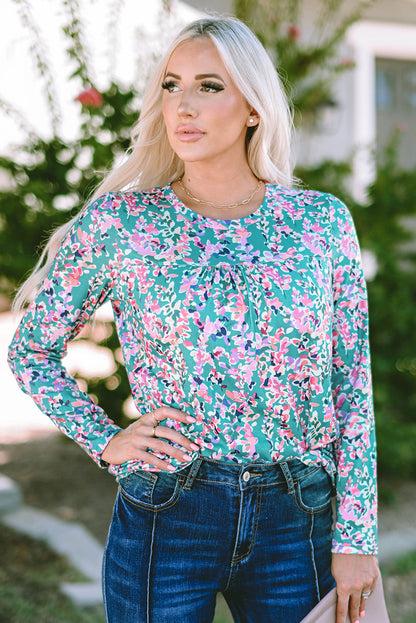Green Floral Pleated Round Neck Long Sleeve Blouse - Southern Belle Style Shift Top