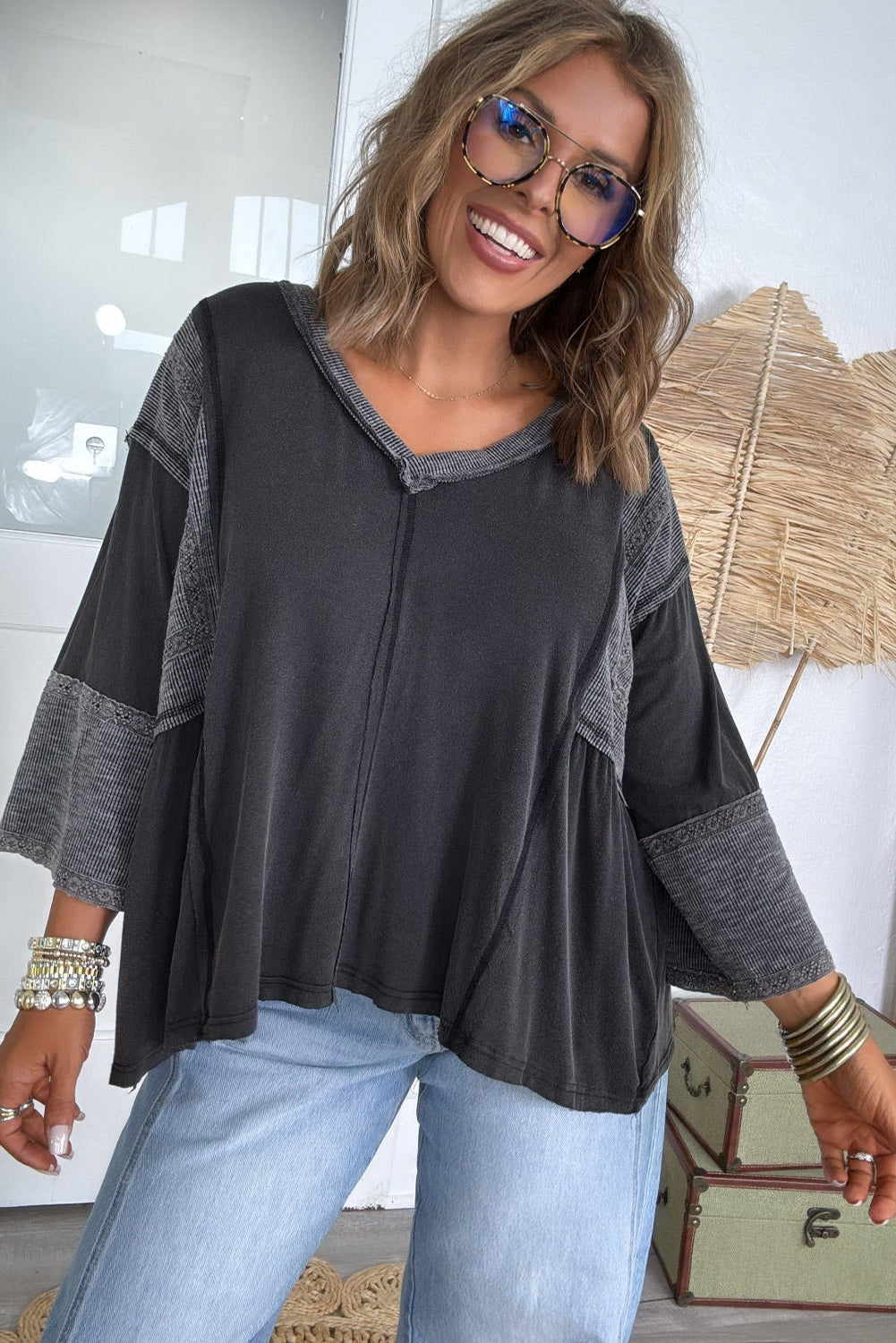 Dark Grey Floral Lace Ribbed Patchwork V Neck Bracelet Sleeve Loose Top