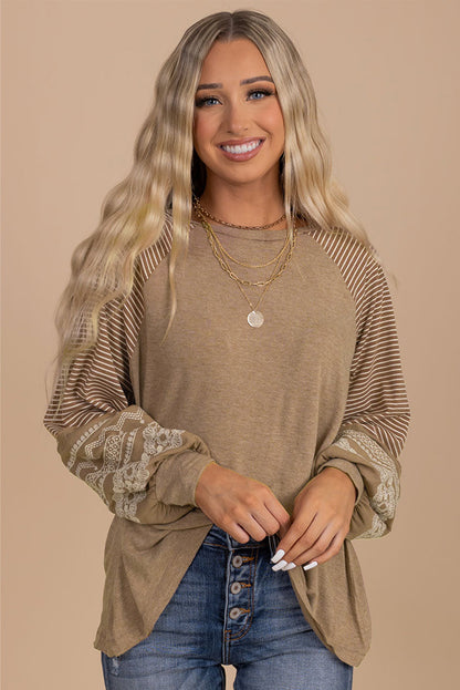 Brown Contrast Print Striped Raglan Long Sleeve Loose Top