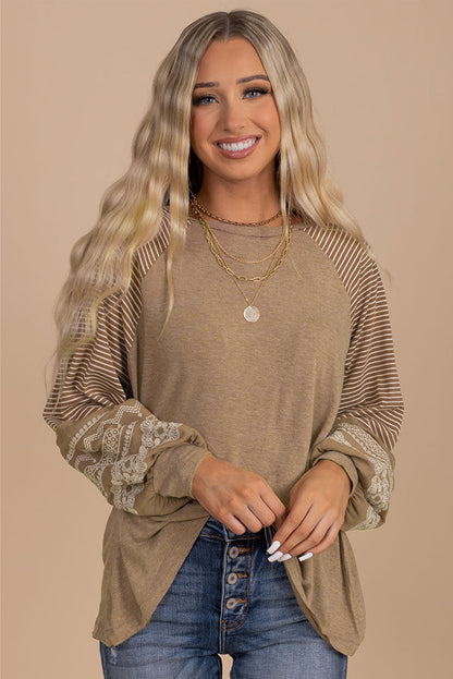 Brown Contrast Print Striped Raglan Long Sleeve Loose Top