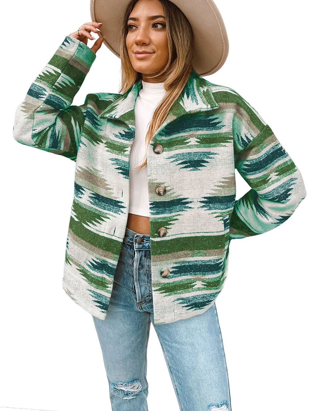 Green Aztec Print Button Front Shacket with Long Sleeves