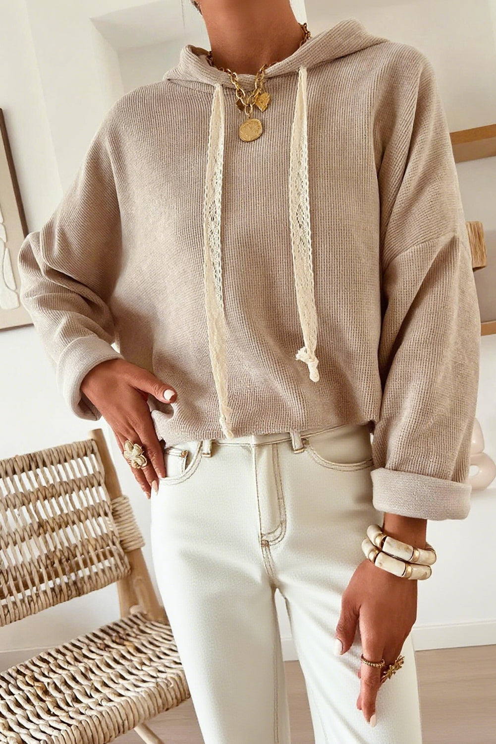 Jet Stream Thermal Textured Lace/Leopard Drawstring Baggy Hoodie