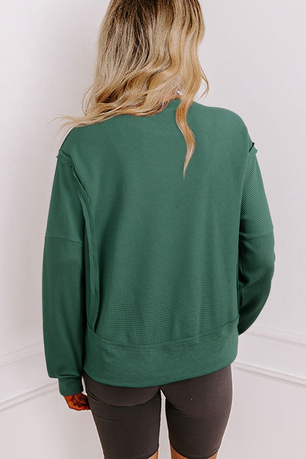 Evergreen Solid Color Raw Seam Patchwork Ribbed Drop Shoulder Sweatshirt