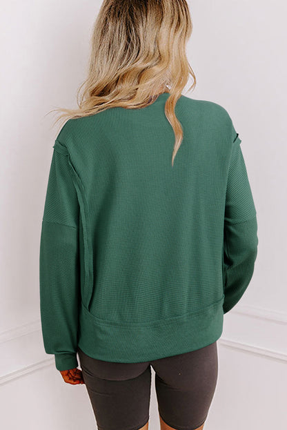 Evergreen Solid Color Raw Seam Patchwork Ribbed Drop Shoulder Sweatshirt