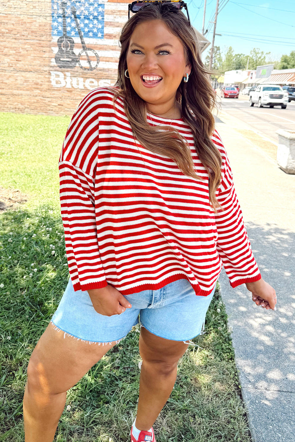 Red Stripe Drop Shoulder Round Neck Plus Sweater