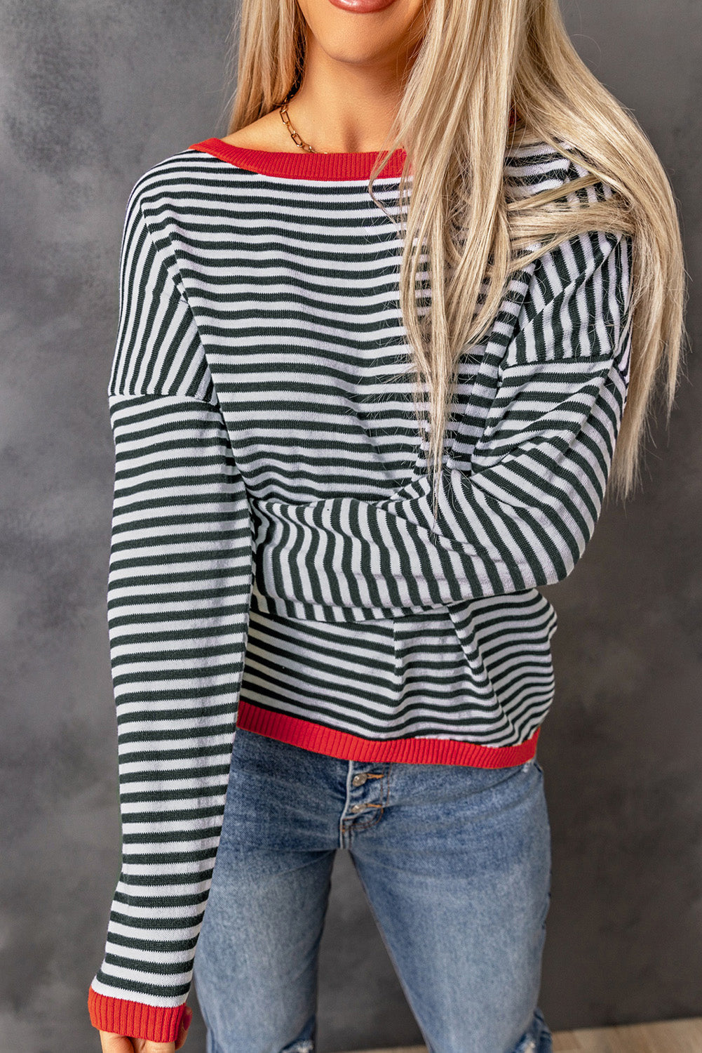 Stripe Striped Contrast Trimmed Drop Shoulder Sweater
