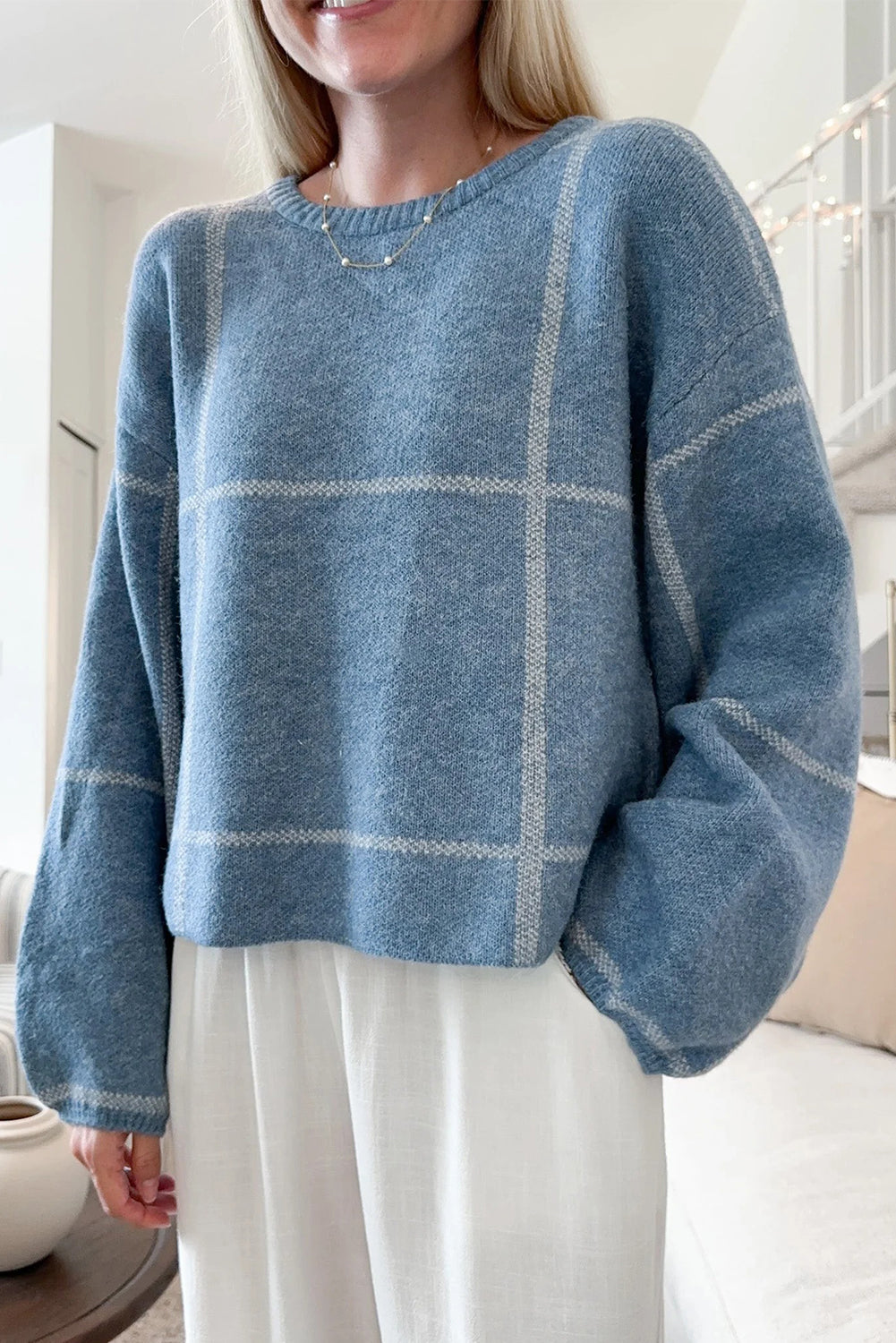 Dusk Blue Classic Plaid Drop Shoulder Loose Sweater