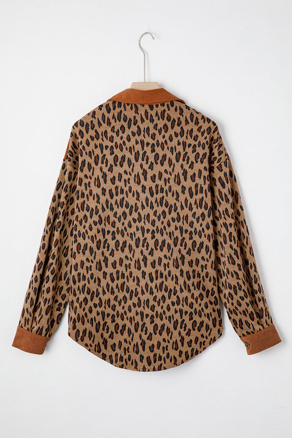 Chestnut Leopard Print Contrast Texture Patchwork Button Flap Pocket Casual Shacket