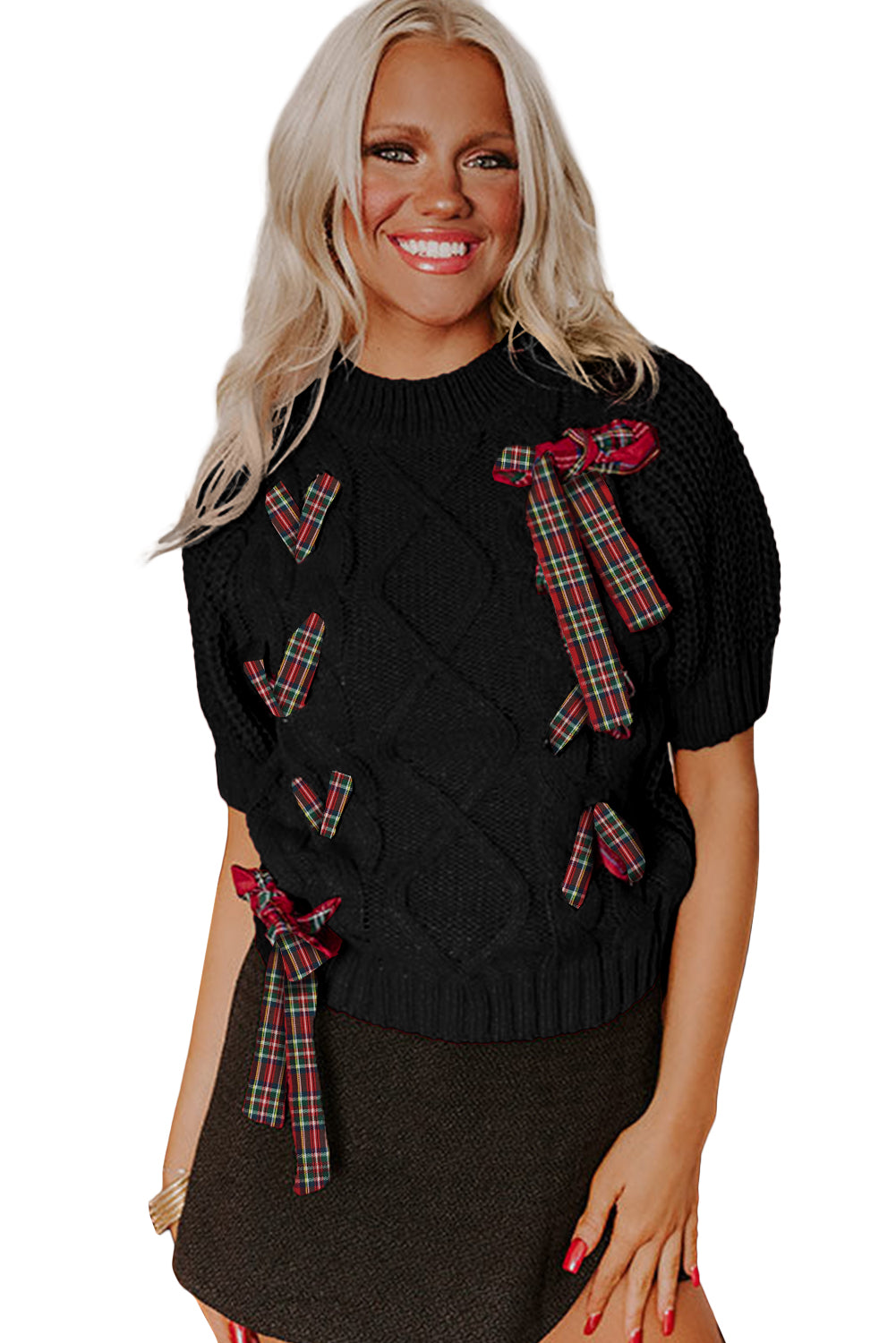 Black Plaid Lace up Detail Christmas Holiday Puff Short Sleeve Sweater