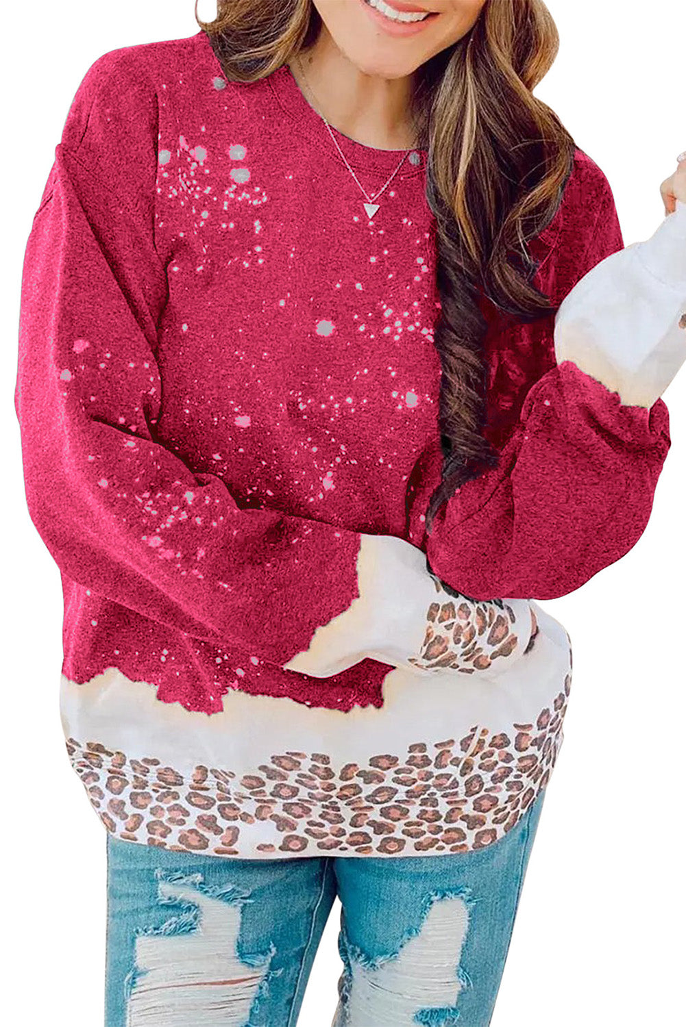 Flaming Red Leopard Print Bleached Pullover Sweater