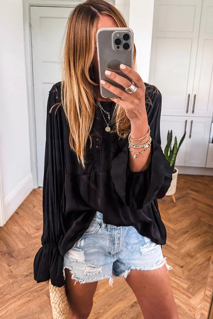 Black Silky Round Neck Lace Frilled Detail Long Sleeve Blouse