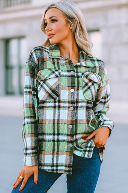 Green Plaid Print Shacket with Pockets