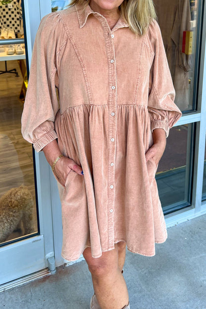 Smoke Gray Elastic Cuffs 3/4 Sleeve Button Down Casual Mini Dress