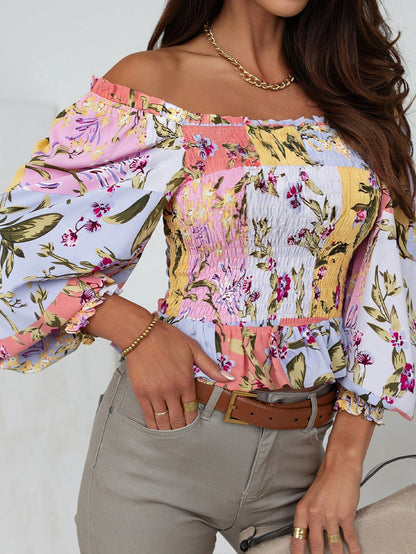 Floral Square Neck Smocked Blouse with Frilled Trim