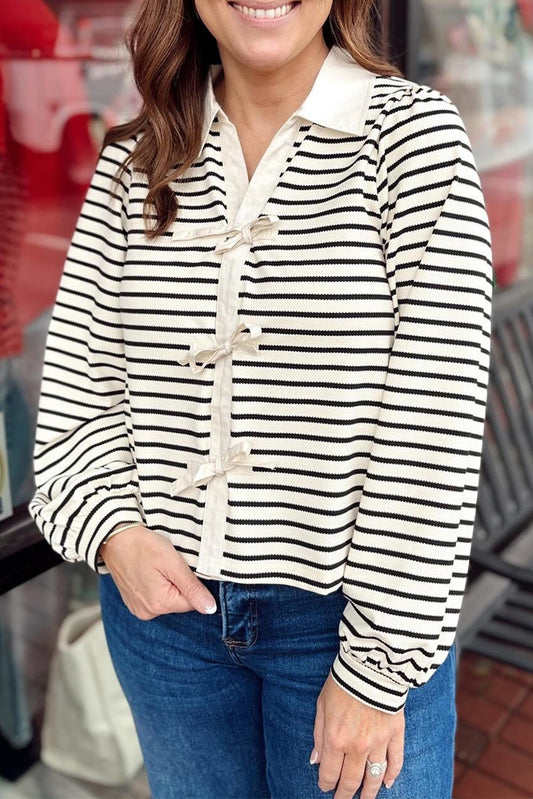Blue Stripe Tied Front Collared Puff Sleeve Knit Top