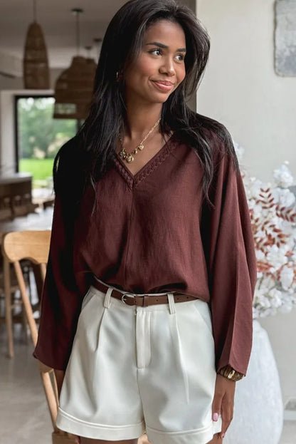 Red Sandalwood Braided Trim V Neck Oversize Top Drawstring Pants Loose 2pcs Outfit