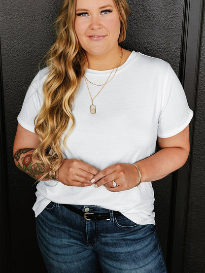 Stylish White Rolled Sleeve Plus Size Tee