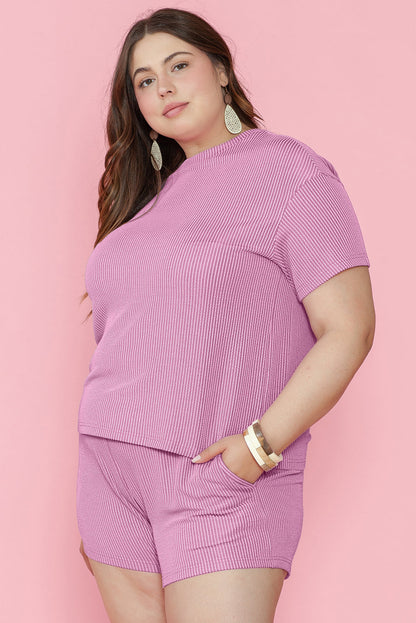 Ribbed Knit Pink Lounge Set for Plus Size Women