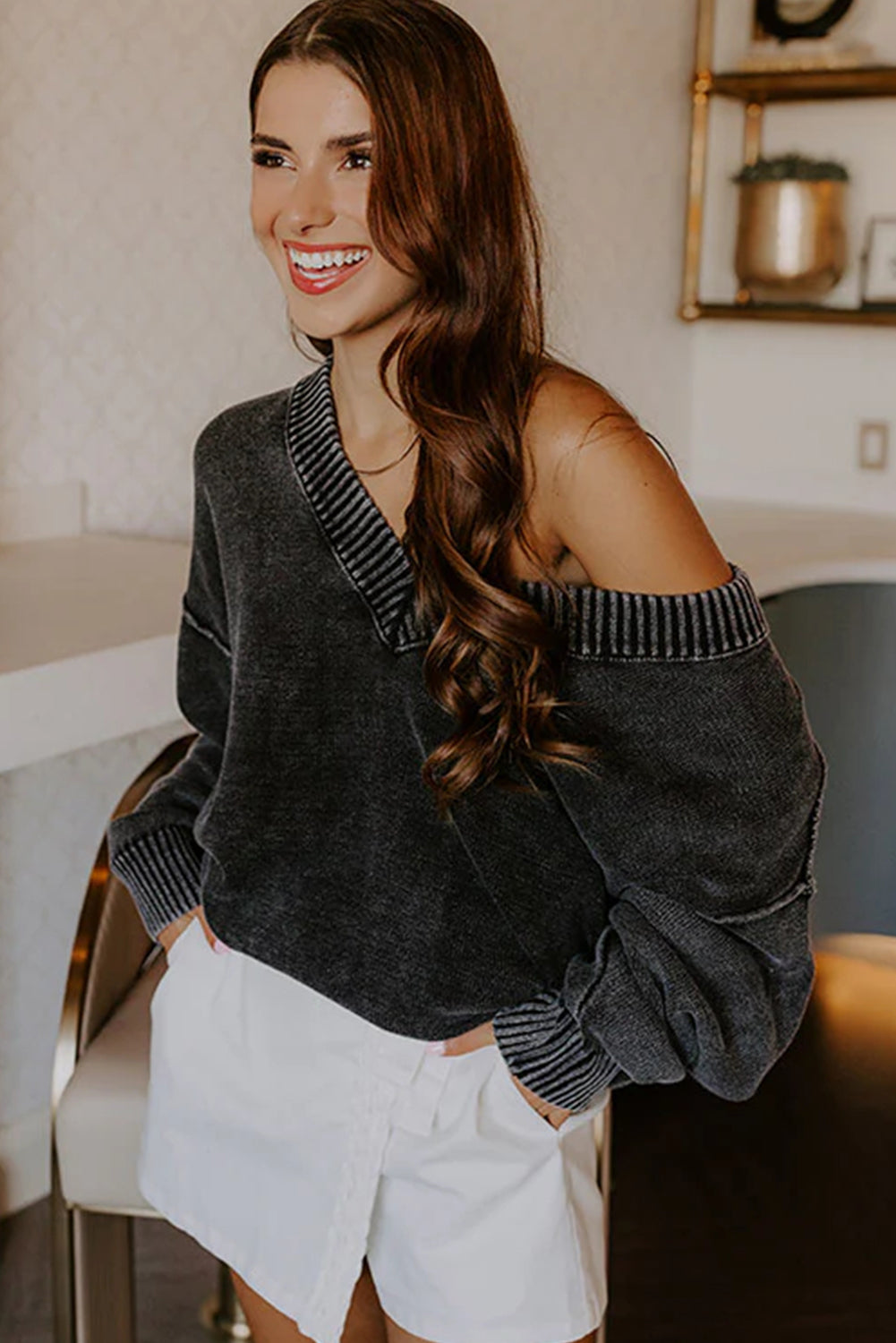 Black Mineral Wash V Neck Knit Exposed Seam Drop Shoulder Loose Sweater