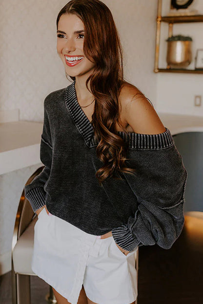 Black Mineral Wash V Neck Knit Exposed Seam Drop Shoulder Loose Sweater