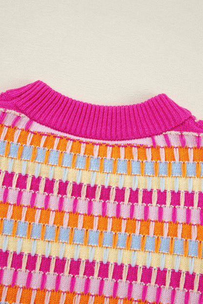 Red Striped Knitted Short Sleeve Sweater Top