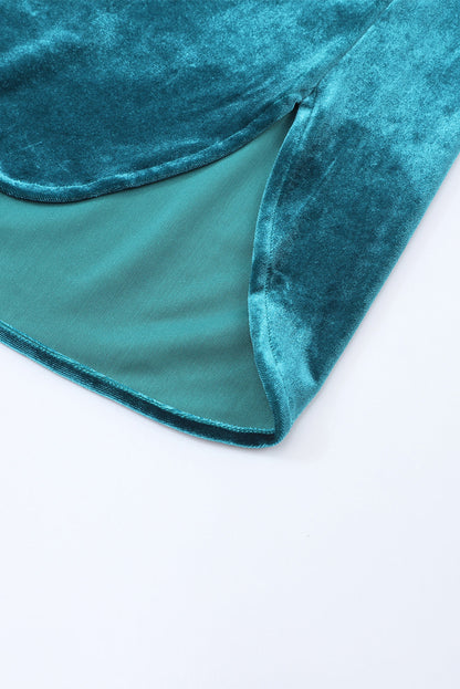 Frilled Neck Green Velvet Top with Buttoned Front