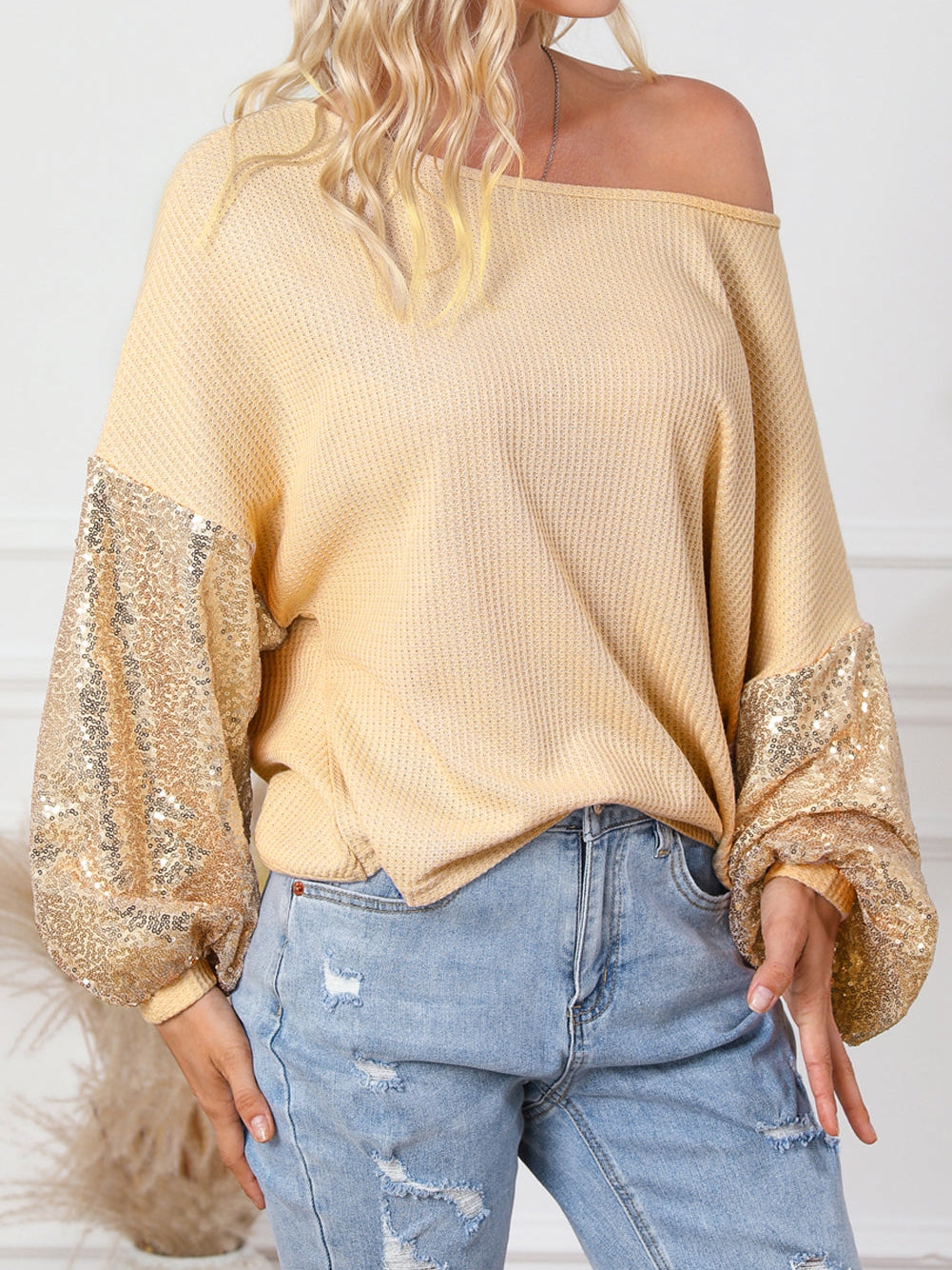 Apricot Sequin Patchwork Waffle Knit Open Back Top with Long Sleeves