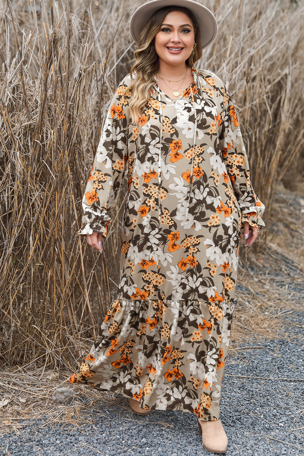 Multicolour Boho Flower Print Maxi Plus Size Dress