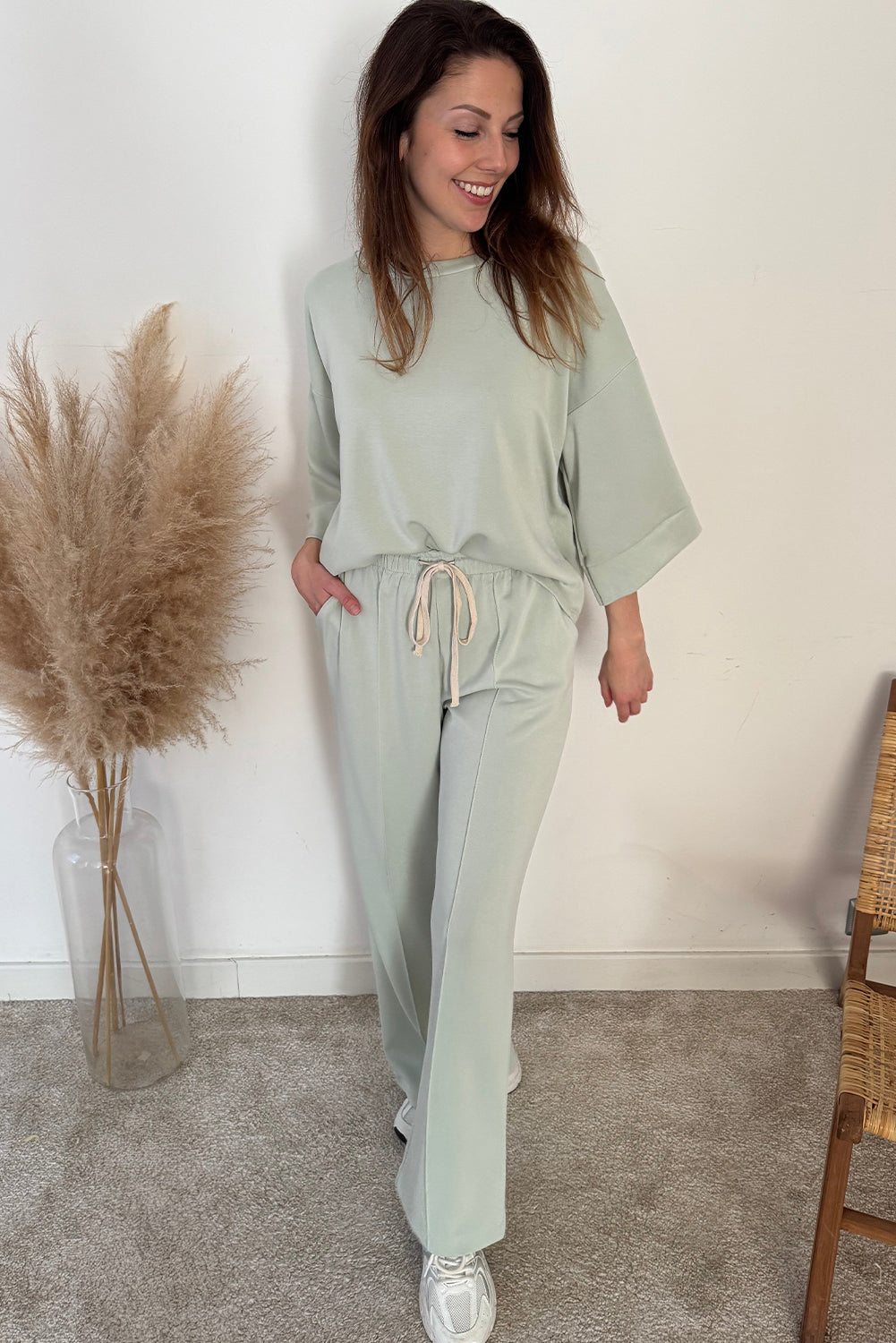 Clearly Aqua 2pcs Drop Shoulder Pullover Drawstring Pants Set