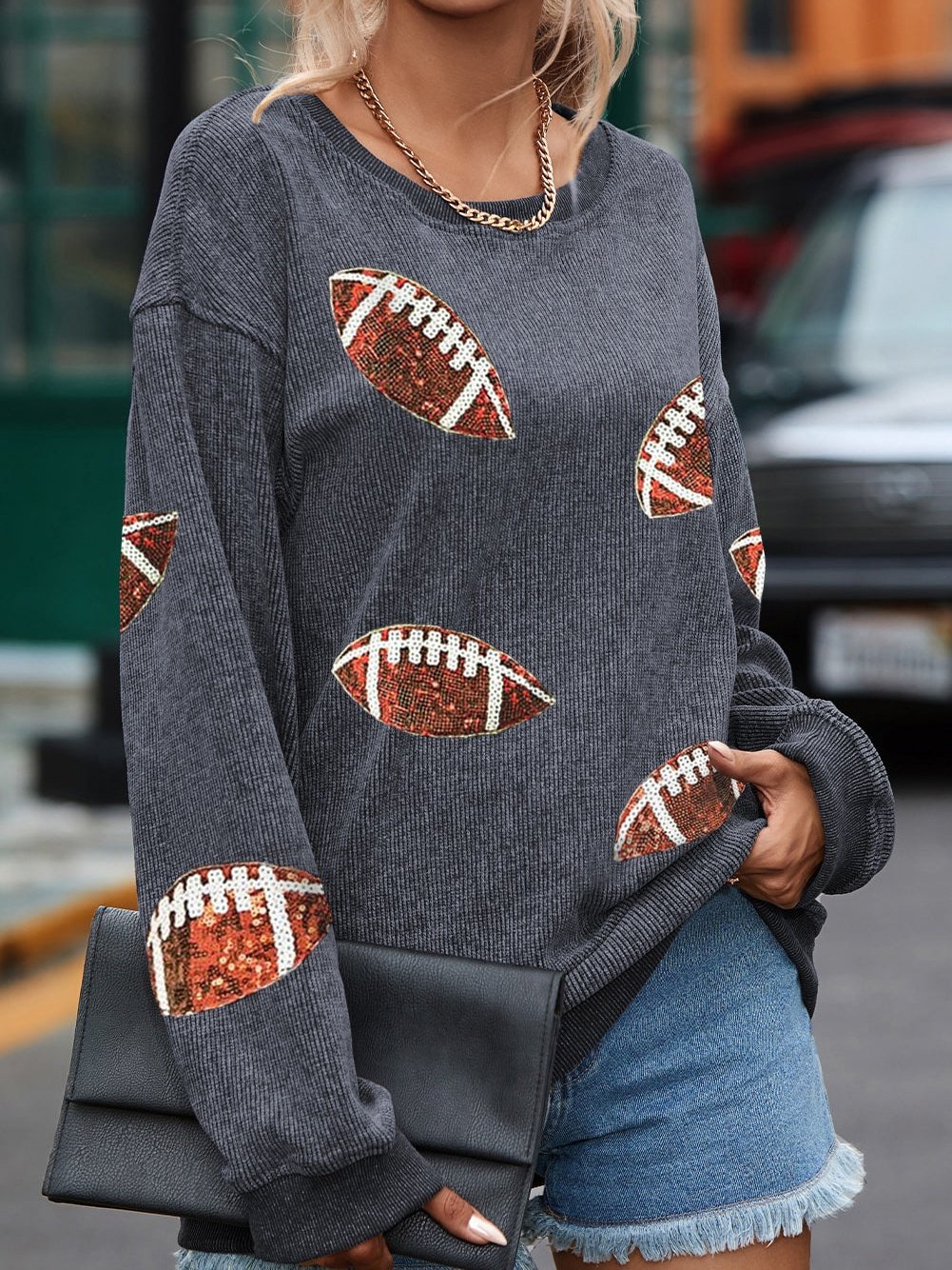 Gray Corduroy Sequin Rugby Shift Sweatshirt