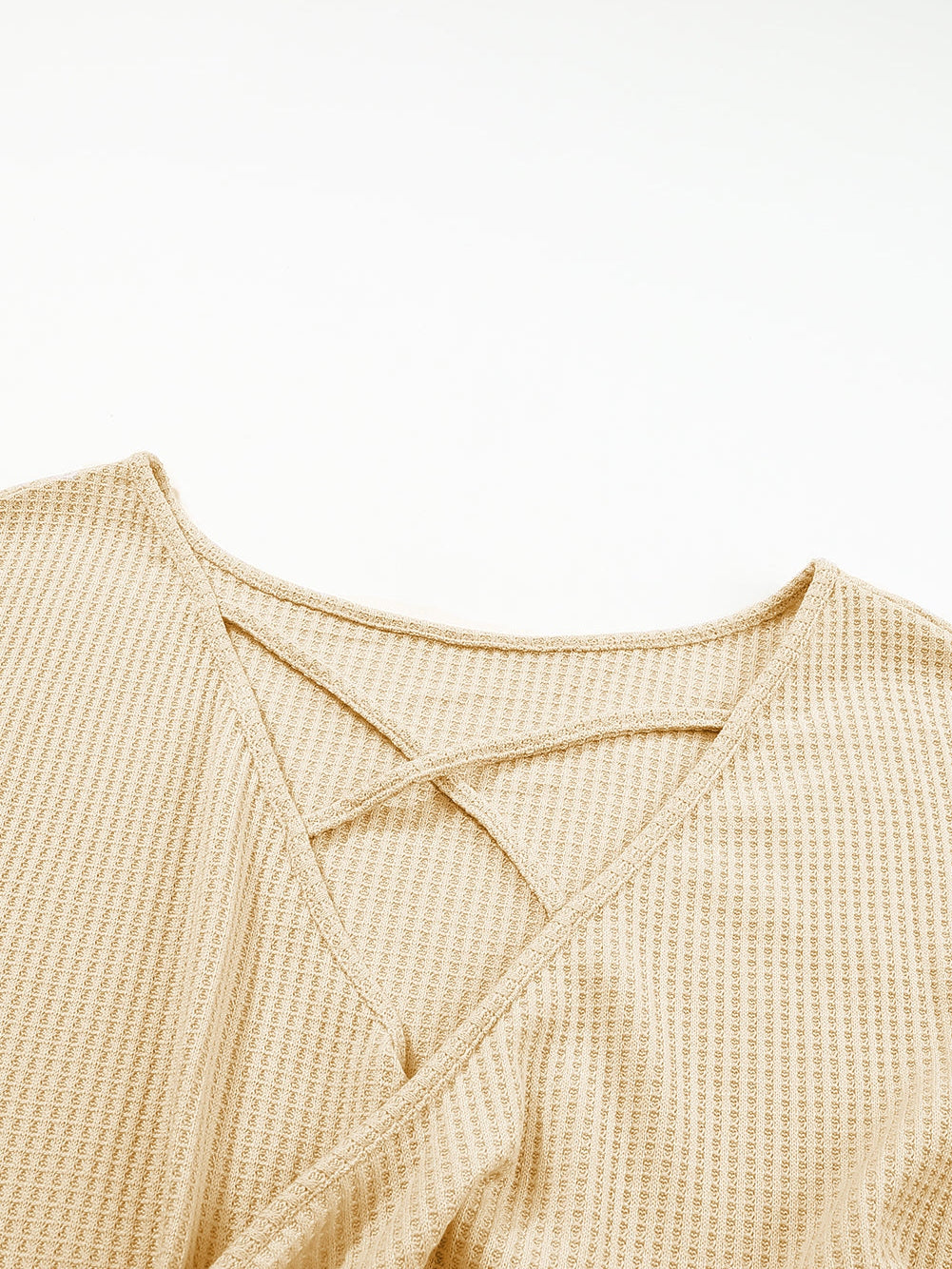 Apricot Sequin Patchwork Waffle Knit Open Back Top with Long Sleeves