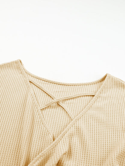 Apricot Sequin Patchwork Waffle Knit Open Back Top with Long Sleeves