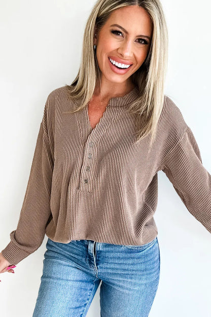 Dark Khaki Twisted Ribbed Half Button Long Sleeve Loose Top