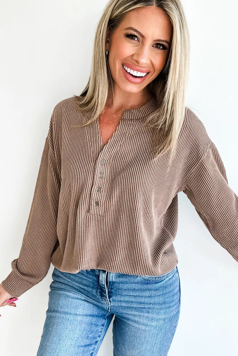 Dark Khaki Twisted Ribbed Half Button Long Sleeve Loose Top