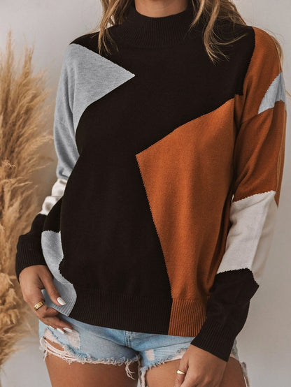 Fall & Winter Chic Orange Color Block Mock Neck Sweater