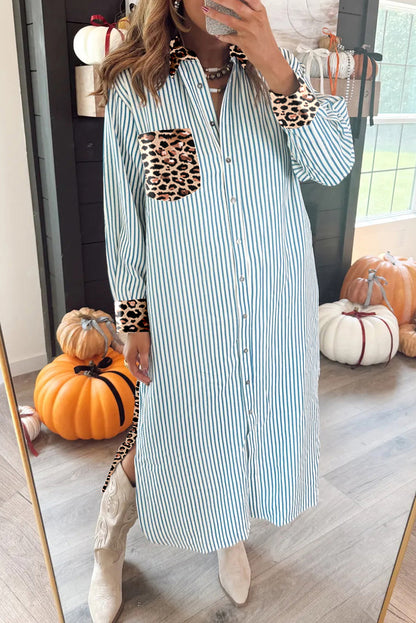Sky Blue Stripe Contrast Leopard Patchwork Long Shirt Dress