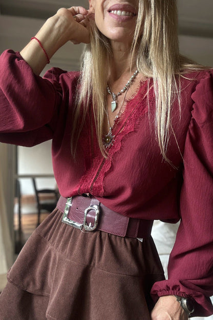 Fiery Red Eyelash Patched V Neckline Puff Sleeve Blouse