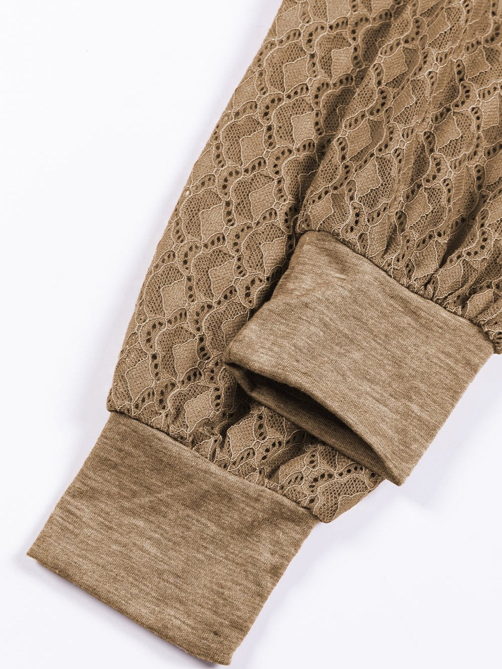 Elegant Light Beige Lace Detail Round Neck Top with Plicate Sleeves