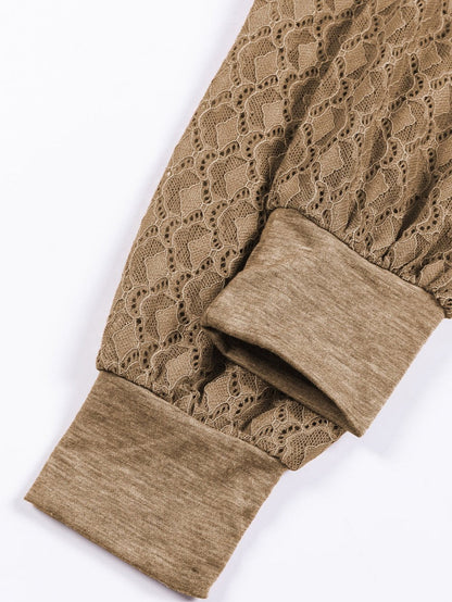 Elegant Light Beige Lace Detail Round Neck Top with Plicate Sleeves