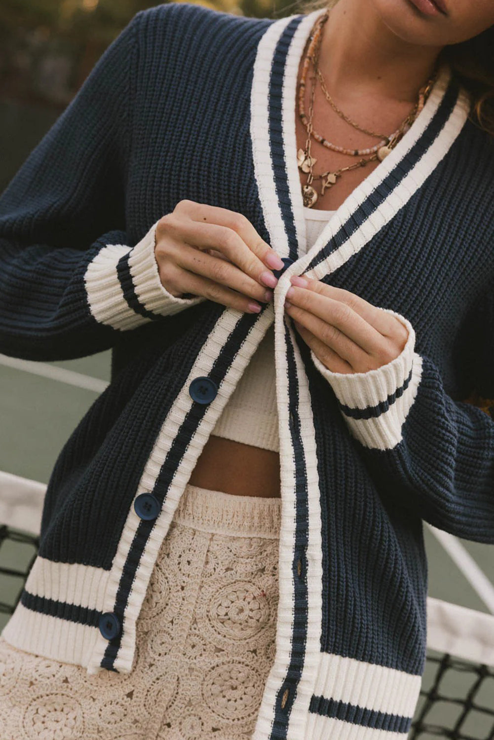 Dirty blue Ribbed Knit Striped Detail Button V Neck Preppy Sweater Cardigan