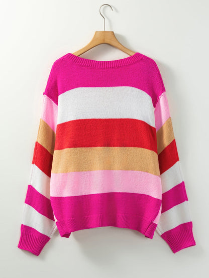 Fiery Red Mix Horizon Stripes Dolman Sleeve Pullover Sweater