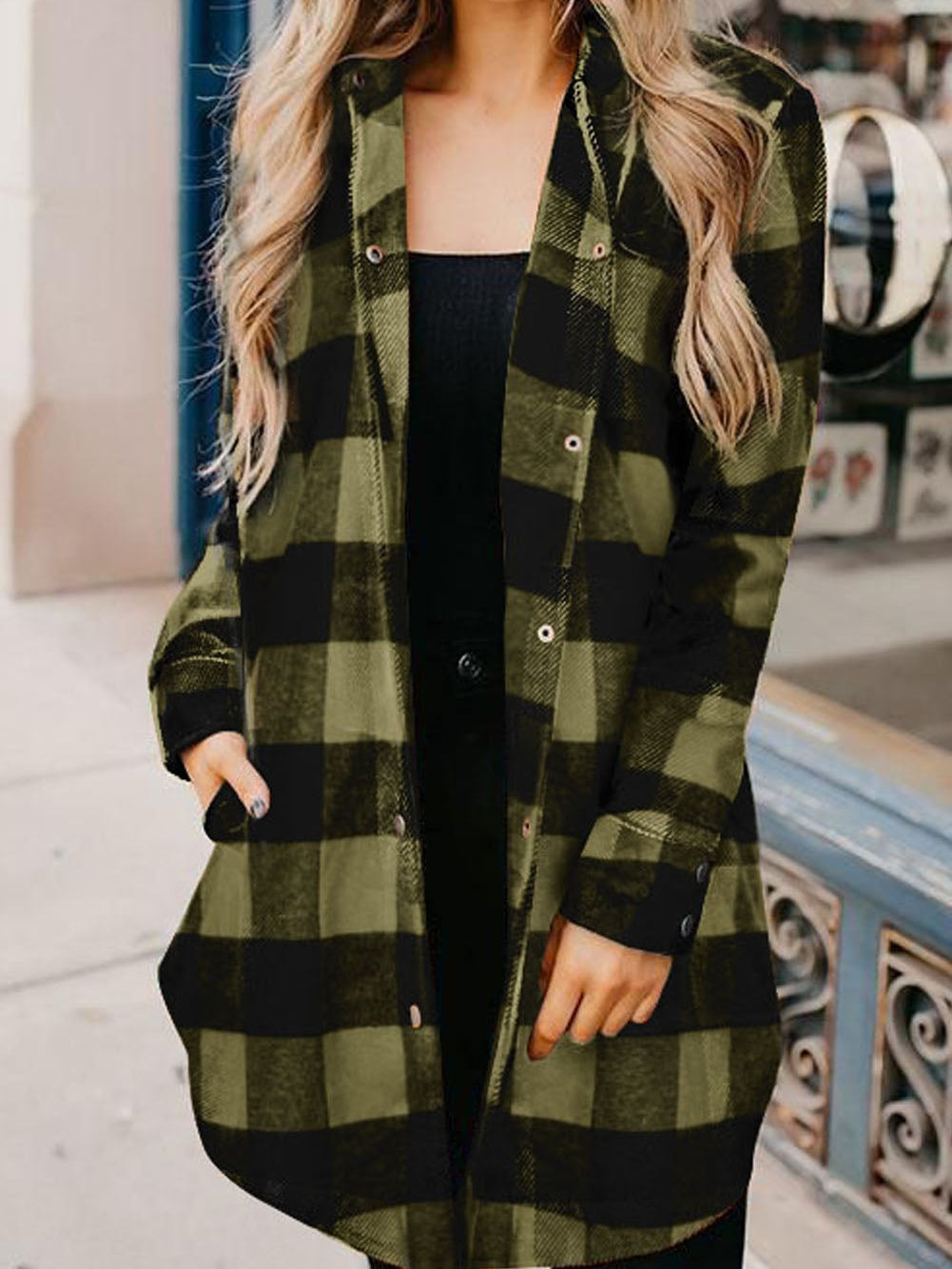 Green Plaid Button-Up Shirt Jacket