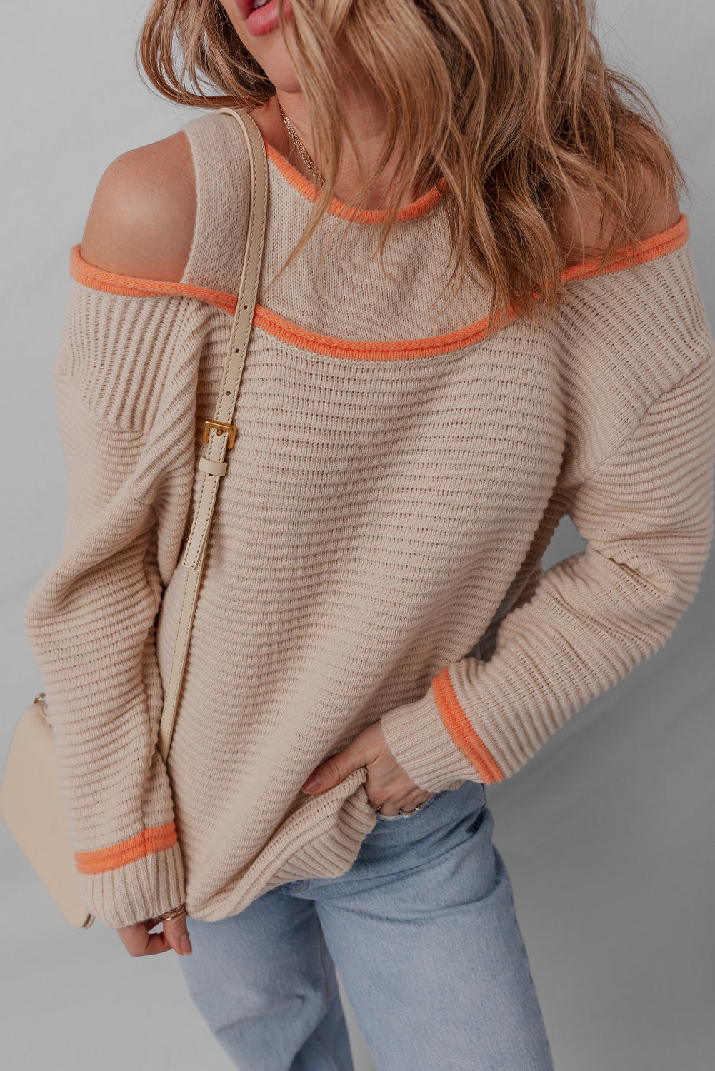 Parchment Contrast Trim Cold Shoulder Patchwork Knit Loose Sweater