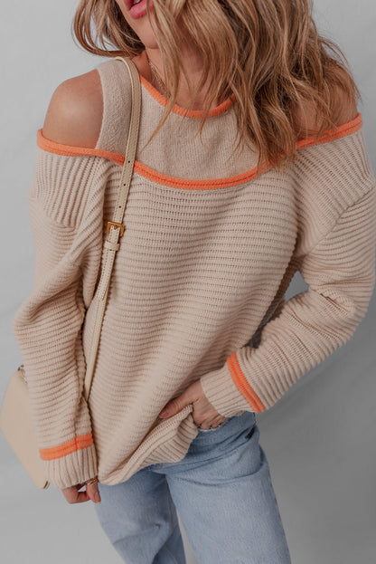Parchment Contrast Trim Cold Shoulder Patchwork Knit Loose Sweater