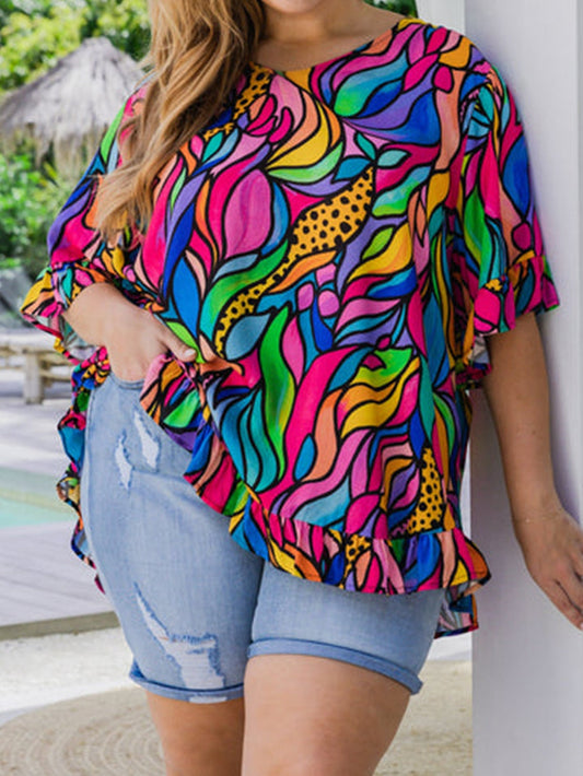 Rose Abstract Print Frilly Trim Blouse for Plus Size Women