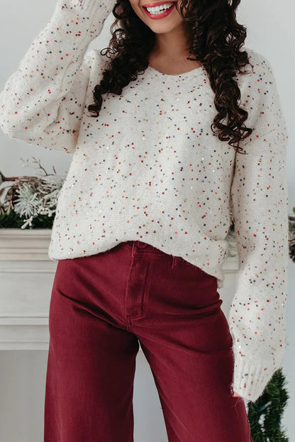 White Sequin Confetti V Neck Drop Shoulder Sweater