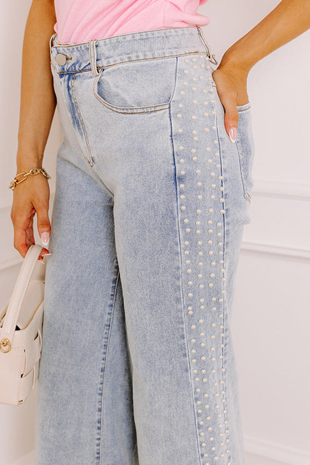 Beau Blue Mid Rise Pearl Embellished Split Wide Leg Jeans