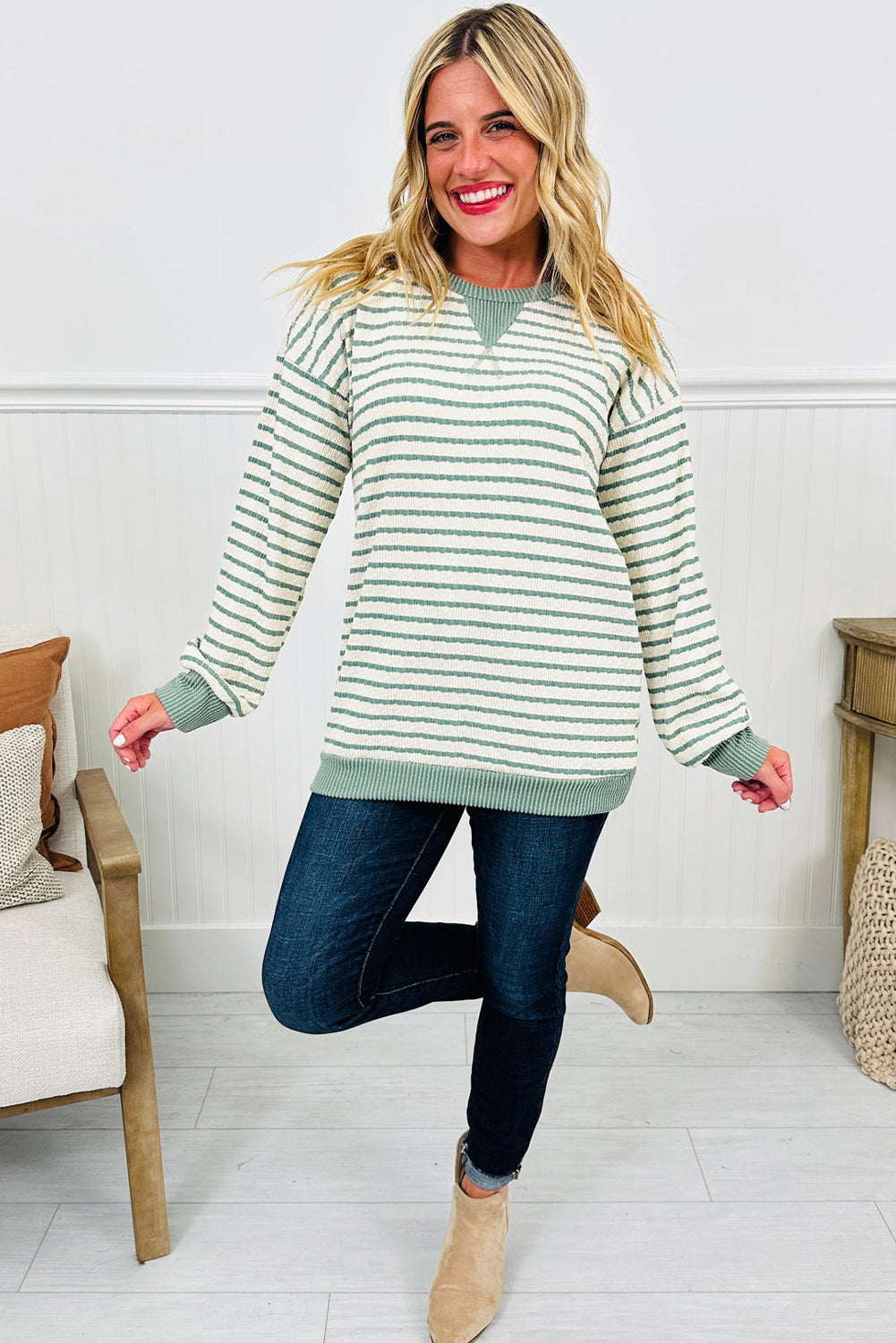 Green Stripe Twist Ribbed Drop Shoulder Pullover Top